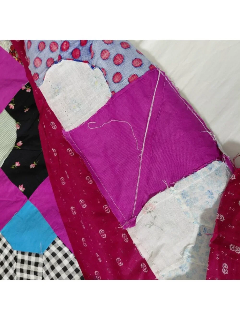 Handmade Patchwork Bow Tie Quilt Top ONLY 54x89 Pink Red Scrappy Multicolor